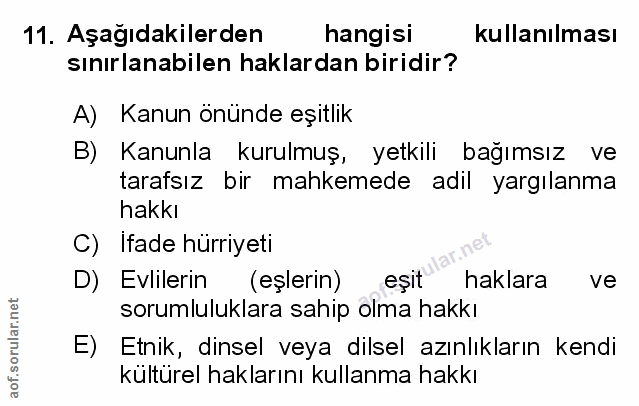 11. soru: Aşağıdakilerden hangisi kullanılması sinırlanabilen haklardan biridir? A) Kanun önünde eşitlik B) Kanunla kurulmuş, y…