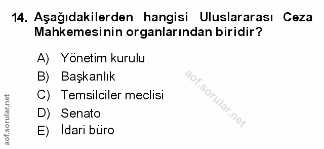 14. soru: Aşağıdakilerden hangisi Uluslararası Ceza Mahkemesinin organlarından biridir? A) Yönetim kurulu B) Başkanlık C) Temsi…