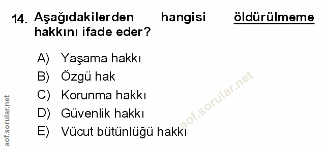 14. soru: Aşağıdakilerden hangisi öldürülmeme hakkını ifade eder? A) Yaşama hakkı B) Özgü hak sorular.ne C) Korunma hakkı D) Gü…