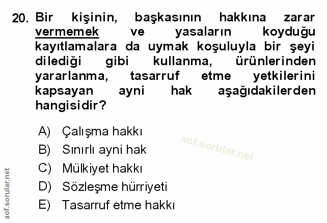 20. soru: Bir kişinin, başkasının hakkına zarar vermemek ve yasaların koyduğu kayıtlamalara da uymak koşuluyla bir şeyi diledig…
