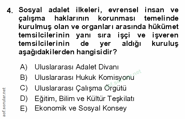 4. soru: Sosyal adalet ilkeleri, evrensel insan ve çalışma haklarının korunması temelinde kurulmuş olan ve organları arasında…