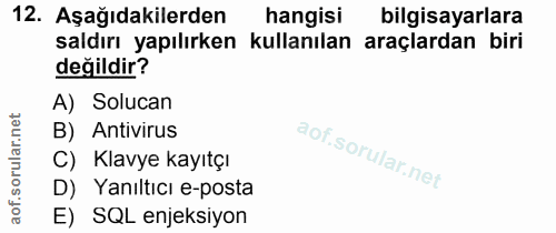 12. soru: Aşağıdakilerden hangisi bilgisayarlara saldırı yapılırken kullanılan araçlardan biri değildir? A) Solucan B) Antiviru…