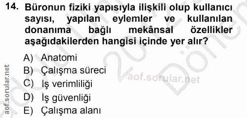 14. soru: Büronun fiziki yapısıyla ilişkili olup kullanıcı sayısı, yapılan , eylemler ve kullanılan donanıma bağlı mekânsal öze…