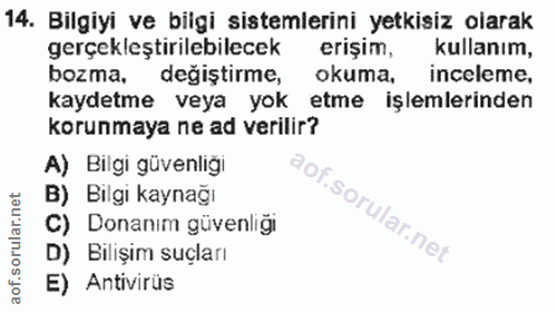 14. soru: Bilgiyi ve bilgi sistemlerini yetkisiz olarak gerçekleştirilebilecek erişim, kullanım, bozma, değiştirme, okuma, ince…