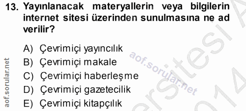 13. soru: Yayınlanacak materyallerin veya bilgilerin internet sitesi üzerinden sunulmasına ne ad verilir? A) Çevrimiçi yayıncıl…