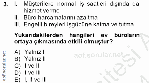3. soru: l. Müşterilere normal iş saatleri dışında da hizmet verme II. Büro harcamalarını azaltma III. Engelli bireyleri işgüc…