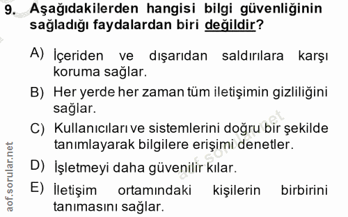 9. soru: Aşağıdakilerden hangisi bilgi güvenliğinin sağladığı faydalardan biri değildir? A) İçeriden ve dışarıdan saldırılara…