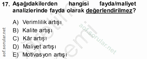 17. soru: Aşağıdakilerden hangisi fayda/maliyet analizlerinde fayda olarak değerlendirilmez? A) Verimlilik artışı B) Kalite art…