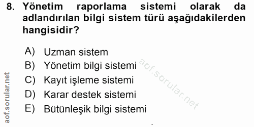 8. soru: Yönetim raporlama • sistemi olarak da adlandırılan bilgi sistem türü aşağıdakilerden hangisidir? A) Uzman sistem B) Y…