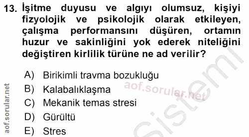 13. soru: İşitme duyusu ve algıyı olumsuz, kişiyi fizyolojik ve psikolojik olarak etkileyen, çalışma performansını düşüren, ort…
