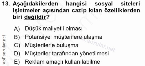 13. soru: Aşağıdakilerden hangisi sosyal siteleri işletmeler açısından cazip kılan özelliklerden biri değildir? A) Düşük maliye…