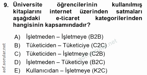 9. soru: Universite ögrencilerinin kullanılmış kitaplarını internet üzerinden satmaları aşağıdaki e-ticaret kategorilerinden h…