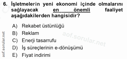 6. soru: İşletmelerin yeni ekonomi içinde olmalarını sağlayacak en önemli faaliyet aşağıdakilerden hangisidir? A) Rekabet üstü…