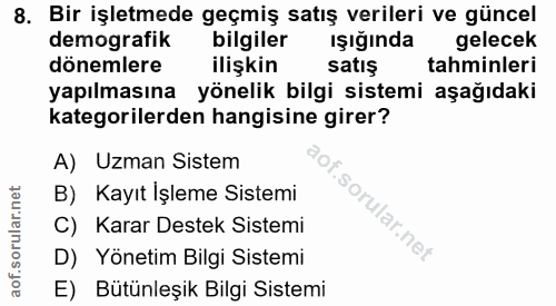 8. soru: Bir işletmede geçmiş satış verileri ve güncel demografik bilgiler şığında gelecek dönemlere ilişkin satış tahminleri…