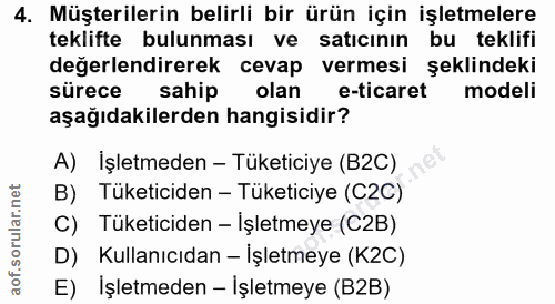 4. soru: Müşterilerin belirli bir ürün için işletmelere teklifte bulunması ve satıcının bu teklifi değerlendirerek cevap verme…
