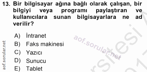 13. soru: Bir bilgisayar ağına bağlı olarak çalışan, bir bilgiyi veya programı paylaştıran ve kullanıcılara sunan bilgisayarlar…