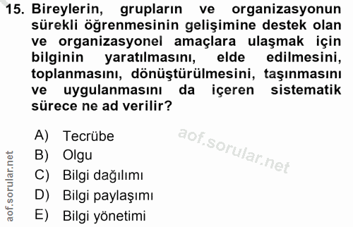 15. soru: Bireylerin, grupların ve organizasyonun sürekli öğrenmesinin gelişimine destek olan ve organizasyonel amaçlara ulaşma…