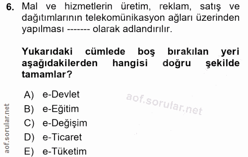6. soru: Mal ve hizmetlerin üretim, reklam, satış ve dağıtımlarının telekomünikasyon ağları üzerinden yapılması --- olarak adl…