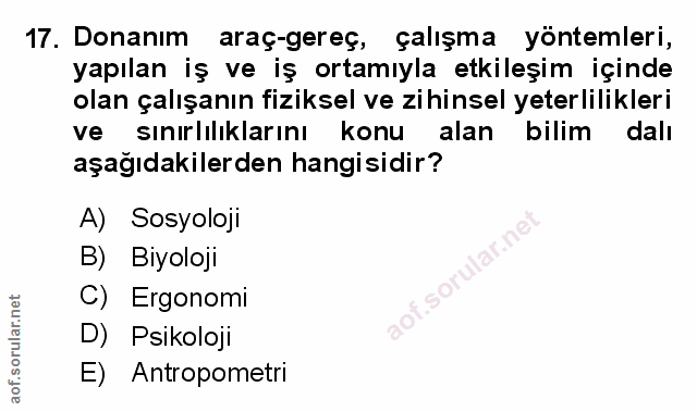 17. soru: Donanım araç-gereç, çalışma yöntemleri, yapılan iş ve iş ortamıyla etkileşim içinde olan çalışanın fiziksel ve zihins…