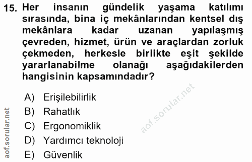 15. soru: Her insanın gündelik yaşama katılımı sırasında, bina iç mekânlarından kentsel dış mekânlara kadar uzanan yapılaşmış ç…