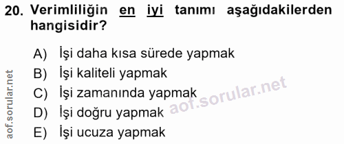 20. soru: Verimliliğin en iyi tanımı aşağıdakilerden hangisidir? A) İşi daha kısa sürede yapmak B) Işi kaliteli yapmak C) İşi z…