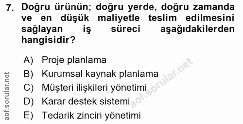 7. soru: Doğru ürünün; doğru yerde, doğru zamanda ve en düşük maliyetle teslim edilmesini sağlayan süreci aşağıdakilerden hang…