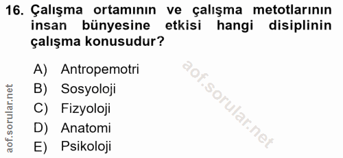16. soru: Çalışma ortamının ve çalışma metotlarının insan bünyesine etkisi hangi disiplinin çalışma konusudur? A) Antropemotri…