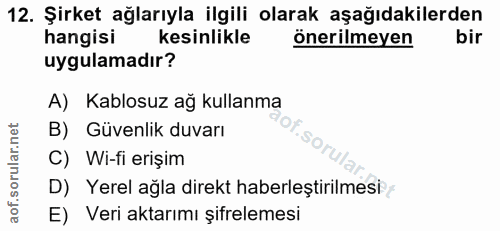 12. soru: Şirket ağlarıyla ilgili olarak aşağıdakilerden hangisi kesinlikle önerilmeyen bir uygulamadır? A) Kablosuz ag kullanm…