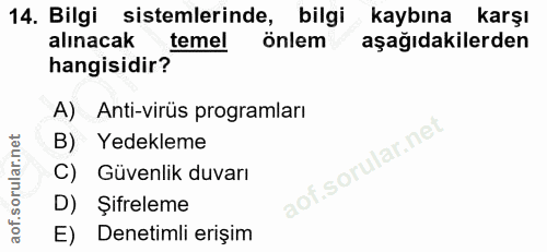 14. soru: Bilgi sistemlerinde, bilgi kaybına karşı alınacak temel önlem aşağıdakilerden hangisidir? A) Anti-virüs programları B…