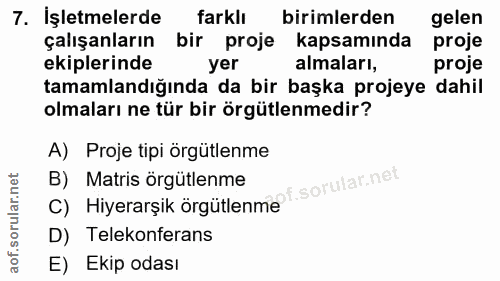 7. soru: İşletmelerde farklı birimlerden gelen çalışanların bir proje kapsamında proje ekiplerinde yer almaları, proje tamamla…