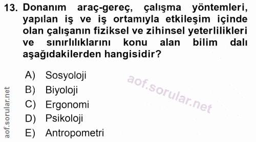 13. soru: Donanım araç-gereç, çalışma yöntemleri, yapılan iş ve iş ortamıyla etkileşim içinde olan çalışanın fiziksel ve zihins…
