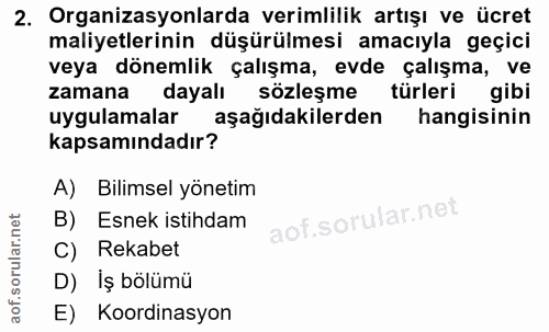 2. soru: Organizasyonlarda verimlilik artışı ve ücret maliyetlerinin düşürülmesi amacıyla geçici veya dönemlik çalışma, evde ç…