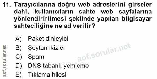 11. soru: Tarayıcılarına doğru web adreslerini girseler dahi, kullanıcıların sahte web sayfalarına yönlendiririlmesi şeklinde y…
