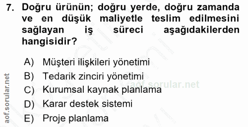 7. soru: Doğru ürünün; doğru yerde, doğru zamanda ve en düşük maliyetle teslim edilmesini sağlayan iş süreci aşağıdakilerden h…