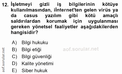 12. soru: İşletmeyi gizli iş bilgilerinin kötüye kullanılmasından, internet'ten gelen virüs ya da casus yazılım gibi kötü amaçl…