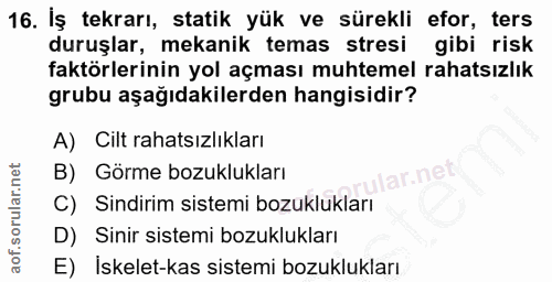 16. soru: İş tekrarı, statik yük ve sürekli efor, ters duruşlar, mekanik temas stresi gibi risk faktörlerinin yol açması muhtem…