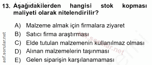 13. soru: Aşağıdakilerden hangisi stok kopması maliyeti olarak nitelendirilir? A) Malzeme almak için firmalara ziyaret B) Satıc…