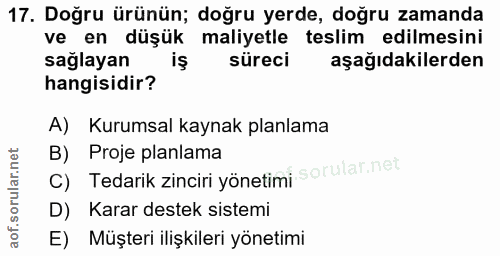 17. soru: Doğru ürünün; doğru yerde, doğru zamanda ve en düşük maliyetle teslim edilmesini sağlayan süreci aşağıdakilerden hang…