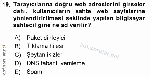 19. soru: Tarayıcılarına doğru web adreslerini girseler dahi, kullanıcıların sahte web sayfalarına yönlendiririlmesi şeklinde y…