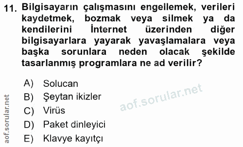 11. soru: Bilgisayarın çalışmasını engellemek, verileri kaydetmek, bozmak veya silmek ya da kendilerini Internet üzerinden diğe…