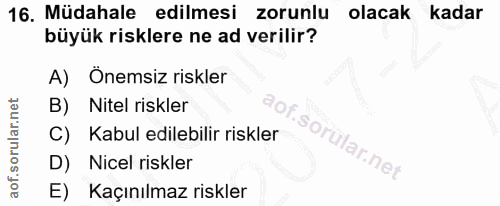 16. soru: Müdahale edilmesi zorunlu olacak kadar büyük risklere ne ad verilir? A) Önemsiz riskler B) Nitel riskler C) Kabul edi…