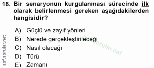 18. soru: Bir senaryonun kurgulanması sürecinde ilk olarak belirlenmesi gereken aşağıdakilerden hangisidir? A) Güçlü ve zayıf y…