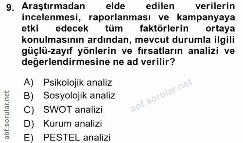 9. soru: Araştırmadan elde edilen verilerin incelenmesi, raporlanması ve kampanyaya etki edecek tüm faktörlerin ortaya konulma…