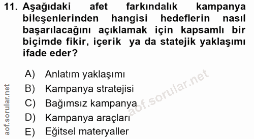 11. soru: Aşağıdaki afet farkındalık kampanya bileşenlerinden hangisi hedeflerin nasil başarılacağını açıklamak için kapsamlı b…