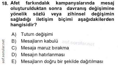 18. soru: Afet farkındalık kampanyalarında mesaj oluşturulduktan sonra davranış değişimine yönelik sözlü veya zihinsel değişimi…
