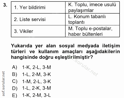 3. soru: 1. Yer bildirimi K. Toplu, imece usulü paylaşımlar 2. Liste servisi L. Konum tabanlı toplanti 3. Vikiler M. Toplu e-p…