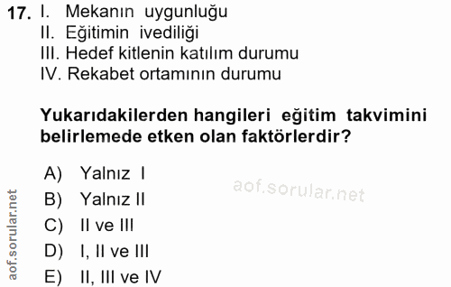 17. soru: I. Mekanın uygunluğu II. Eğitimin ivediliği IlI. Hedef kitlenin katılım durumu IV. Rekabet ortamının durumu Yukarıdak…