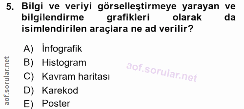 5. soru: Bilgi ve veriyi görselleştirmeye yarayan ve bilgilendirme grafikleri olarak da isimlendirilen araçlara ne ad verilir?…