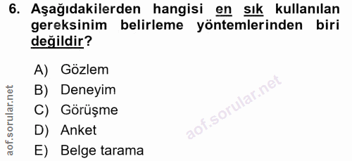 6. soru: Aşağıdakilerden hangisi en sık kullanılan gereksinim belirleme yöntemlerinden biri değildir? A) Gözlem B) Deneyim C)…