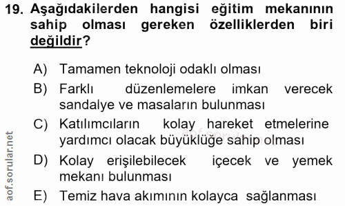 19. soru: Aşağıdakilerden hangisi eğitim mekanının sahip olması gereken özelliklerden biri değildir? A) Tamamen teknoloji odakl…